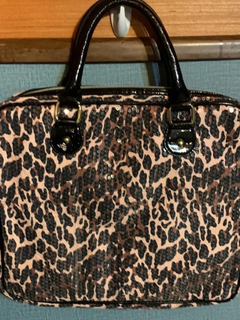 Betsey Johnson Leopard Sequin Laptop Bag Briefcase Brown Black Patent Trim